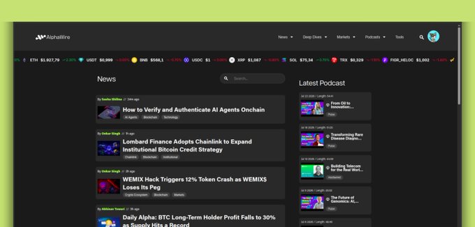 A screenshot of the AlphaWire website displaying crypto news headlines like 'How to Verify and Authenticate AI Agents Onchain' and 'WEMIX Hack Triggers 12% Token Crash.'