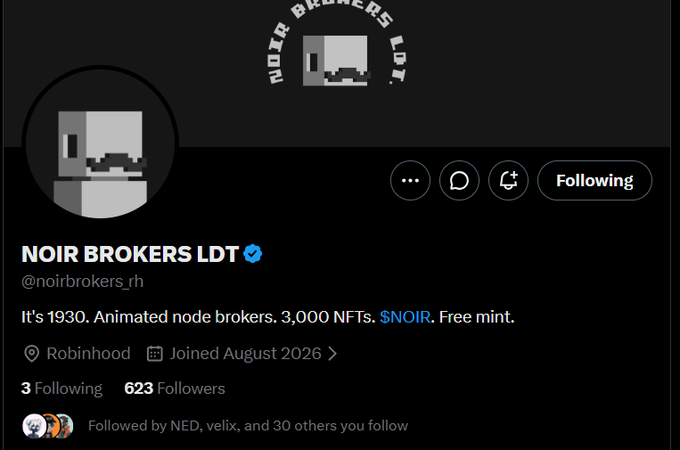 Twitter/X profile screenshot for 'NOIR BROKERS LDT' (@noirbrokers_rh), a verified account promoting '3,000 NFTs. $NOIR. Free mint.' with 623 followers, joined August 2026.