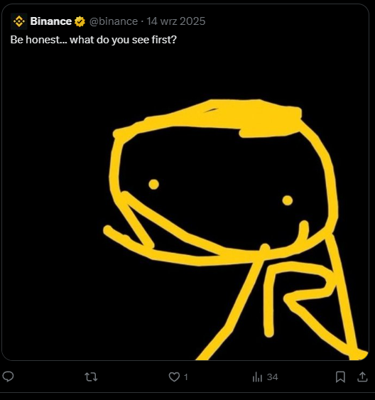 The image features a yellow cartoon drawing of a person's face, which appears to be a character or a person drawn with a stick figure style. The caption below the image reads "Bo honest @Binance ... what do you see first". This suggests that the image is related to a social media post where someone has shared their drawing and captioned it in a humorous manner.
