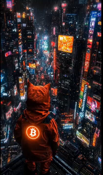 The image features an orange dog standing on top of a building, looking out over a city at night with neon lights illuminating the scene below. The caption reads "In a world of altcoins there is only one $DOG of Bitcoin". This statement emphasizes the uniqueness and value of the dog's Bitcoin coin in comparison to other altcoins or digital currency.