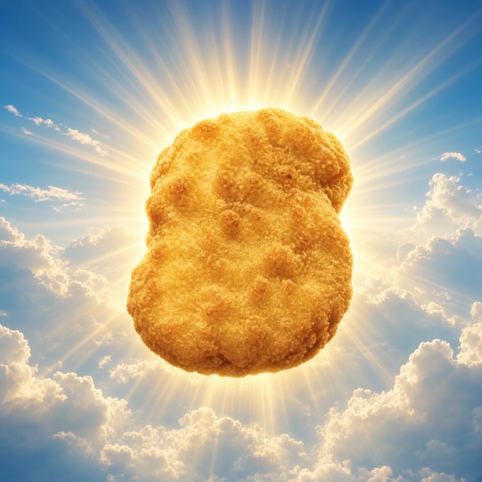 A large, golden, breaded fried nugget floating dramatically against a sunny sky with clouds and radiant sunbeams.