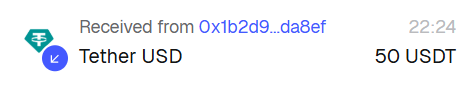 A transaction notification showing 50 USDT (Tether USD) received from address 0x1b2d9...da8ef at 22:24.