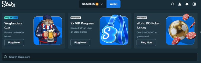 A screenshot of the Stake.com homepage showing a wallet balance of $6,590.65, with promotional banners for 'Waylanders Cup', '2x VIP Progress', and 'World KO Poker Series' offering over $1,000,000 in guaranteed prizes.