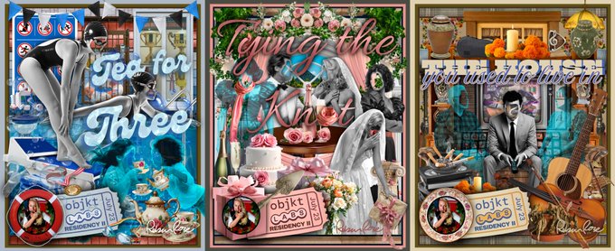 A collage of three posters promoting 'Objkt Ccc Residency 8' with titles 'Ted for Three', 'Lying the Knot', and 'You made it Mister', featuring fashion photography and eclectic imagery.
