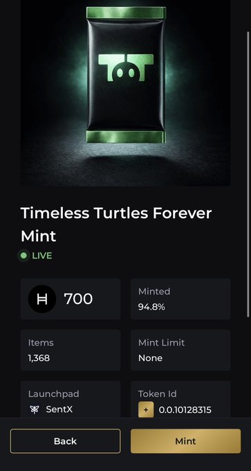 A mobile app interface showing an NFT minting page for 'Timeless Turtles Forever' by SentX, featuring a green turtle logo, a 'Mint Limit: None,' and a status indicating 94.8% minted.