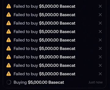 The image shows a Coinbase transaction history filled with nine "Failed to buy $5,000.00 Basecat" notifications, each marked with a warning icon, followed by a single successful "Buying $5,000.00 Basecat" entry at the bottom marked "Just now." It visually captures the FOMO rush of trying to buy the newly listed $Basecat token on Coinbase, with multiple failed attempts before finally succeeding on the last try.