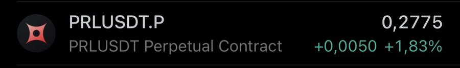 The image displays a trading ticker for the PRLUSDT Perpetual Contract (PRLUSDT.P) priced at 0.2775 USDT, showing a gain of +0.0050 (+1.83%). However, this represents only a modest 1.83% increase, which doesn't align with the post's claim of "$PRL %30"—suggesting the image either shows a different timeframe or doesn't reflect the 30% gain mentioned.