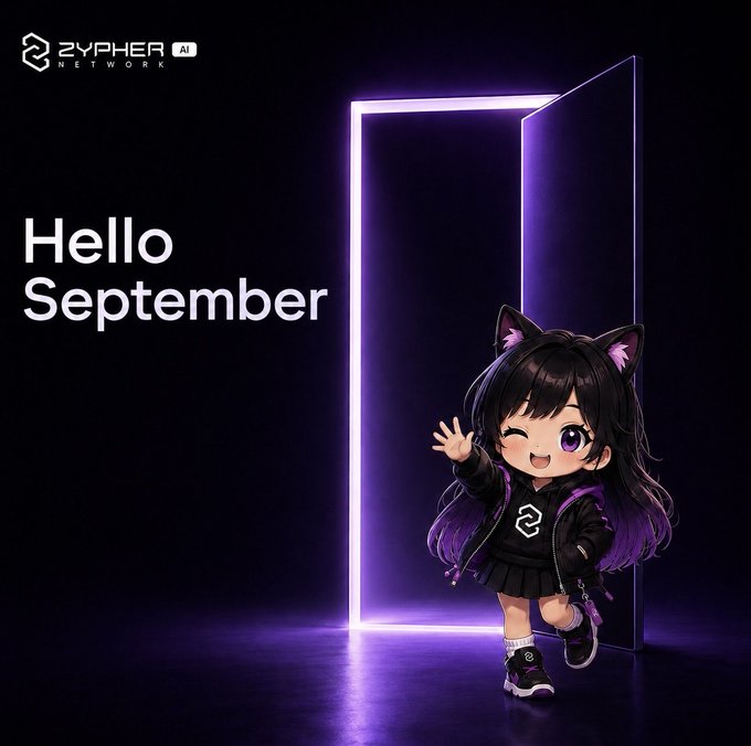 A promotional graphic for 'ZYPHER NETWORK AI' featuring 'Hello September' text alongside an anime-style girl with cat ears and purple hair stepping through a glowing purple doorway.