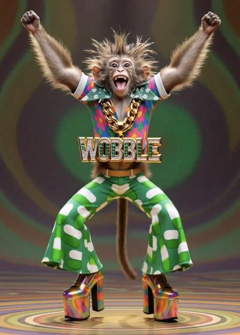 A wild monkey named "WOBBLE" triumphantly raises its arms while wearing a colorful disco outfit with a gold chain and platform heels, embodying the energetic Solana meme coin ticker $WOBBLE.