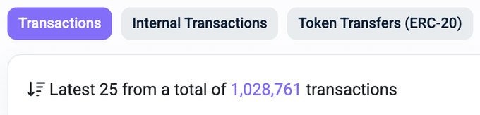 A webpage navigation bar showing tabs for Transactions, Internal Transactions, and Token Transfers (ERC-20), with text indicating 'Latest 25 from a total of 1,028,761 transactions.'