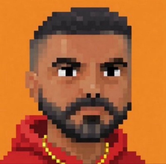 A pixel art portrait illustration of a man with dark hair, a goatee/beard, and a gold chain necklace against an orange background.