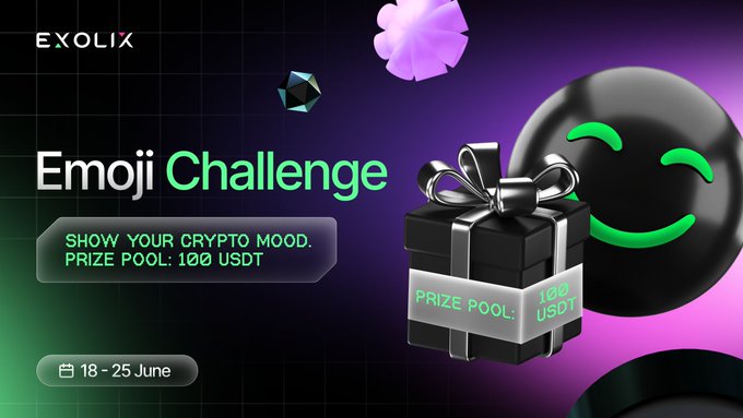 The image features an advertisement for an Emoji Challenge, which appears to be sponsored by Exolix. The background of the image is black with purple elements, creating a visually striking contrast. There are two emojis present - one smiling face and another with a gift box tied with a ribbon. The text on the image reads "Emoji Challenge" followed by "Exolix", indicating that this challenge is sponsored by Exolix. The post also mentions an Emoji Challenge prize pool of 100 USDT, which could be related to the emojis or the overall theme of the challenge.