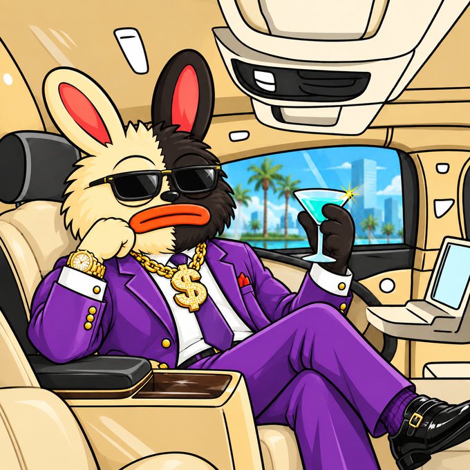 A cartoon illustration of a stylish anthropomorphic animal character wearing a purple suit, gold chain with a dollar sign pendant, and sunglasses, lounging in a luxury vehicle while holding a blue cocktail.