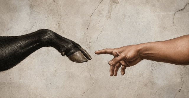 A recreation of Michelangelo's "The Creation of Adam" where a human hand reaches out to touch a hoofed animal's hoof against a stone background, symbolizing a divine or monumental connection. The accompanying post highlights Ansem's perfect track record in predicting crypto bottoms, framing his calls as a prophetic, once-in-a-lifetime opportunity worth following.