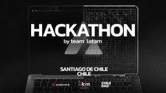 A promotional graphic for a 'HACKATHON by team latam' taking place in Santiago de Chile, Chile, featuring a laptop displaying code and the Avendia and CM logos.