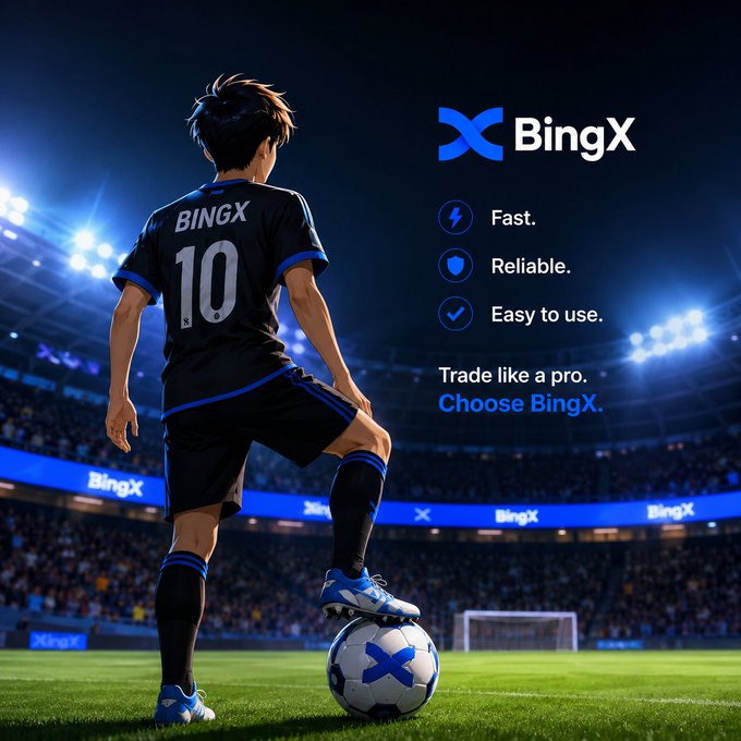 BingX advertisement showing an anime-style soccer player wearing a #10 BingX jersey, promoting the exchange as Fast, Reliable, and Easy to use.