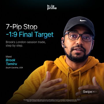 An advertisement for 'holaprime' featuring Brook Tamiru from South Carolina, USA, promoting a '7-Pip Stop -1:9 Final Target' trading strategy described as 'Brook's London-session trade, step by step.'