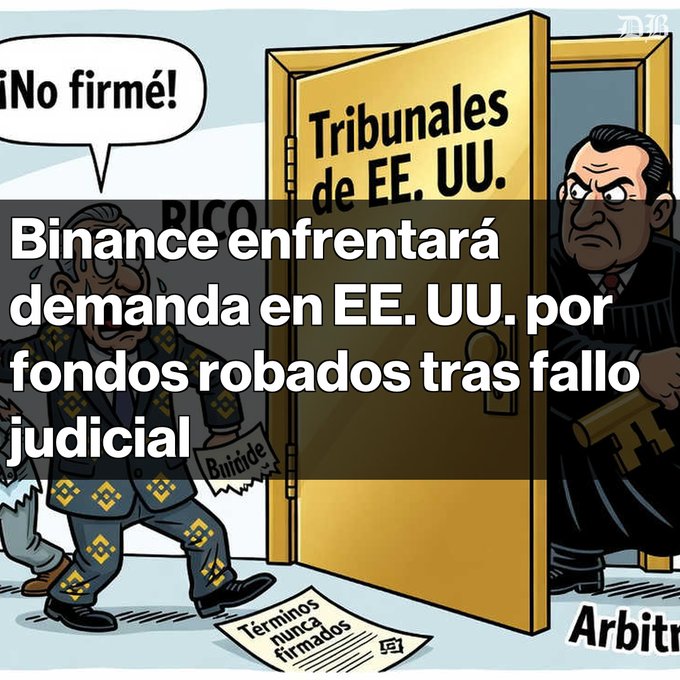 A political cartoon with Spanish text stating 'Binance enfrentará demanda en EE. UU. por fondos robados tras fallo judicial,' depicting a figure representing Binance entering a door labeled 'Tribunales de EE. UU.' (U.S. Courts).