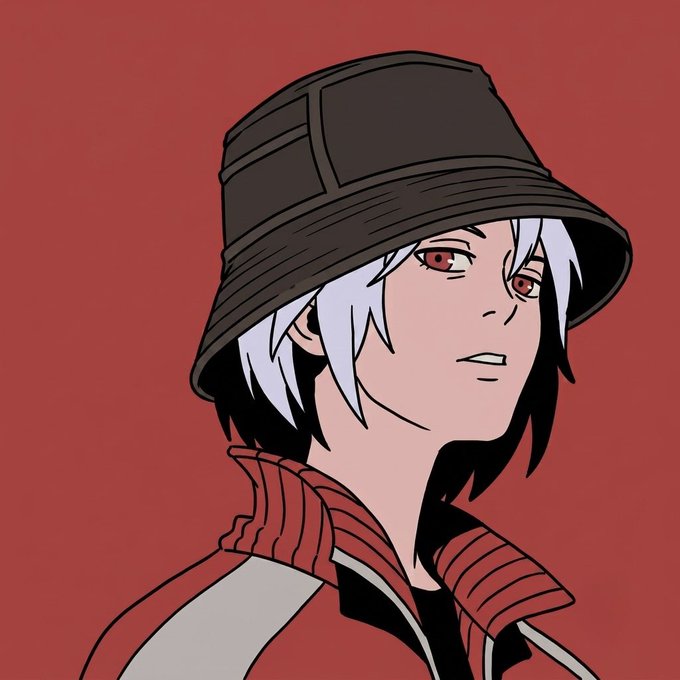 A digital illustration of an anime character with white hair, red eyes, and a black bucket hat set against a solid red background.