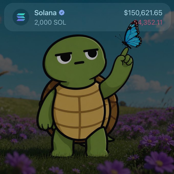 A cartoon turtle with a blue butterfly on its finger stands in a field of purple flowers, beneath a Solana wallet display showing 2,000 SOL valued at $150,621.65, visually reinforcing the post's speculative thesis that Solana is the ideal chain for memecoin gambling and that 2,000 SOL will eventually reach $2,000,000.