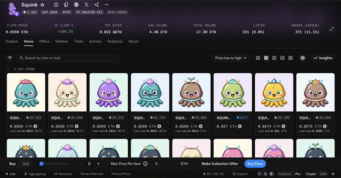 A screenshot of the OpenSea NFT marketplace displays a collection called 'Squink' with various colored squid characters and pricing in ETH.