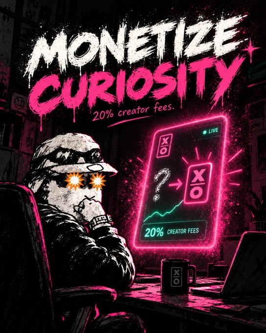 A stylized illustration shows a hooded figure with star-shaped eyes sitting at a desk in a dark, neon-lit room, contemplating a glowing pink "LIVE" screen displaying "? → X/O" and "20% CREATOR FEES." The bold text "MONETIZE CURIOSITY — 20% creator fees." appears at the top, reinforcing the post's message about XO Market's incentive for content creators to earn 20% of lifetime trading fees on conviction markets tied to curiosity-driven predictions.