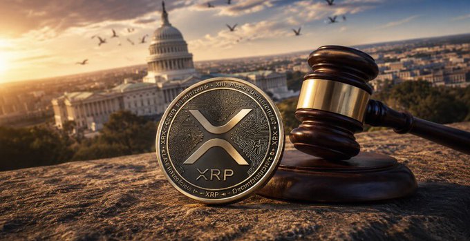 The image features an XRP coin resting beside a wooden gavel, with the U.S. Capitol building visible in the background during sunset. The text "XRP" is clearly displayed on the coin, symbolizing the intersection of cryptocurrency and U.S. legislative action—visually reinforcing the post's breaking news about the CLARITY Act's rapid expansion and President Trump's ethics review as crypto regulation accelerates.