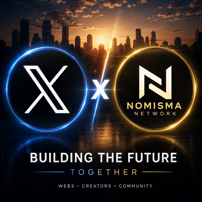 A dramatic city skyline at sunset serves as the backdrop for a partnership graphic featuring the X logo in a blue circle facing off against the gold Nomisma Network logo, with the tagline "BUILDING THE FUTURE TOGETHER" and "WEB3 • CREATORS • COMMUNITY" displayed below. The image visually promotes the Nomisma Network Creator Campaign highlighted in the post, emphasizing the collaborative spirit between the Web3 community and builders with only 4 days remaining.
