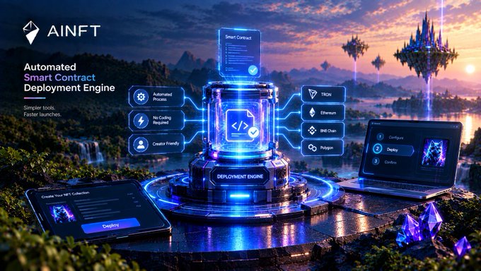 A futuristic promotional graphic for 'AINFT - Automated Smart Contract Deployment Engine' showing a holographic central engine connecting to blockchains like TRON, Ethereum, BNB Chain, and Polygon, with devices for NFT collection creation and deployment.