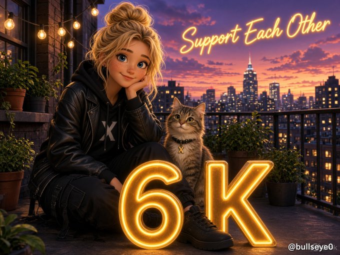 A digital illustration of a young woman with a cat on a rooftop overlooking a city skyline at dusk, featuring neon text 'Support Each Other' and '6K' with the watermark '@bullseye0k'.