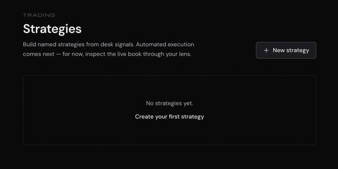 A minimalist dark-themed interface for 'Trading Strategies' that reads 'No strategies yet' and offers a button to 'Create your first strategy'.