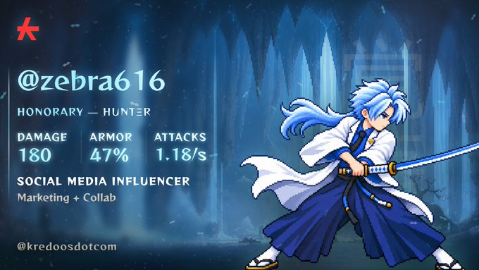 A character profile card displays '@zebra616', titled 'HONORARY — HUNTER' with stats of 180 Damage, 47% Armor, and 1.18/s Attacks, classified as a 'SOCIAL MEDIA INFLUENCER' with Marketing + Collab skills, featuring an anime-style character in blue and white robes holding a sword.