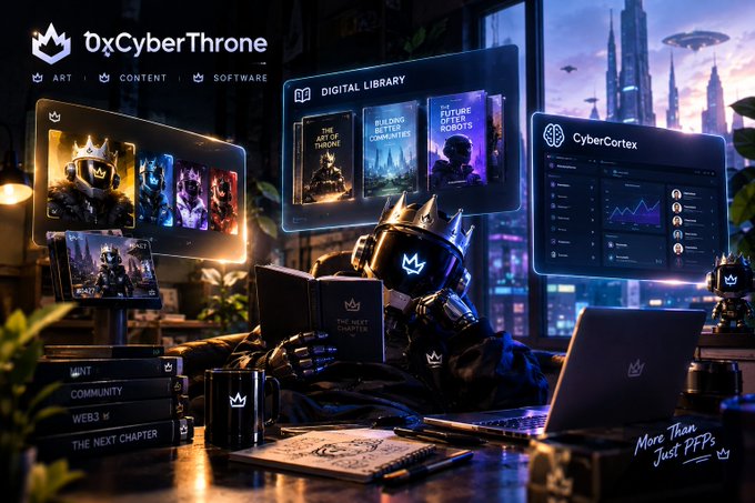 A digital artwork titled 'OxCyberThrone' showing a robotic character wearing a crown, surrounded by multiple screens displaying digital library content, a book, and a CyberCortex interface.