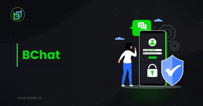 A promotional graphic for 'BChat' by Beldex (www.beldex.io) featuring illustrations of a person, a smartphone with chat and security icons.