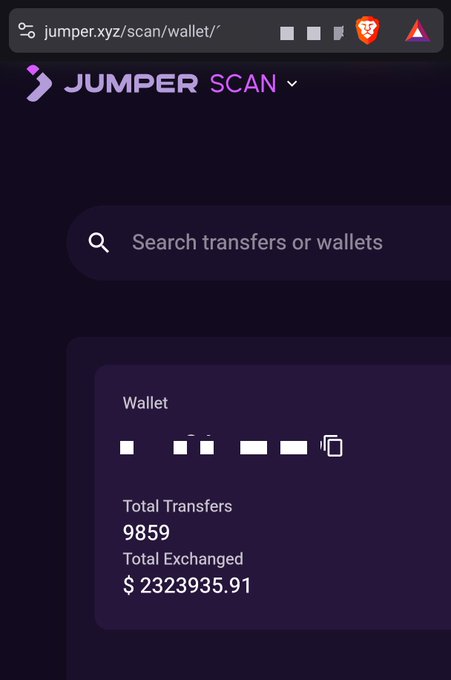 Screenshot of the Jumper Scan website (jumper.xyz/scan/wallet/) showing a wallet search interface with total transfers of 9859 and total exchanged value of $23,239,359.91.