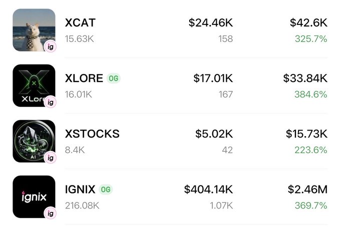 A financial dashboard displays market data for tokenized stocks, listing XCAT at $24.46K (+325.7%), XLORE at $17.01K (+384.6%), XSTOCKS at $5.02K (+223.6%), and IGNIX at $404.14K (+369.7%).