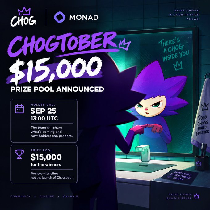 A promotional graphic for "Chogtober" featuring the CHOG and Monad logos, announcing a $15,000 prize pool and a holder call scheduled for September 25 at 13:00 UTC, with a purple-hooded character looking in a mirror where "There's a chog inside you" is written on the glass.