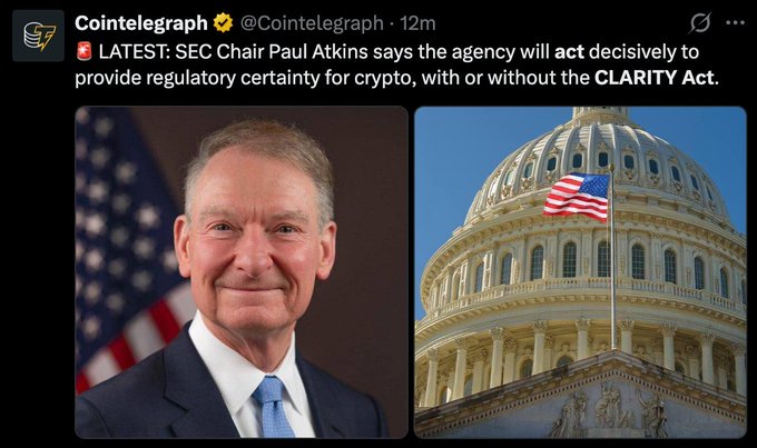 Cointelegraph tweet by @Cointelegraph reporting that SEC Chair Paul Atkins says the agency will act decisively to provide regulatory certainty for crypto, with or without the CLARITY Act, accompanied by his portrait and an image of the U.S. Capitol.