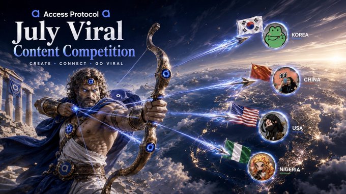 The promotional graphic for Access Protocol's "July Viral Content Competition" features an archer aiming glowing arrows at flags representing global winners from Korea, China, USA, and Nigeria, celebrating the contest's international participation. The design visually reinforces the post's excitement about receiving global submissions and congratulating the regional winners.