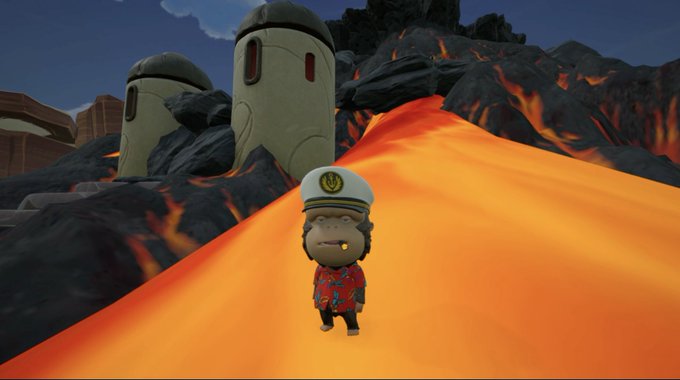 A 3D rendered scene of a small, cartoonish character wearing a captain's hat and a red shirt walking across a flowing river of orange lava near metallic structures.