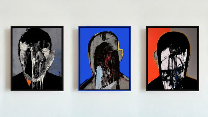 Three framed abstract portrait paintings displayed side-by-side on a white wall, featuring heavily obscured faces against gray, blue, and orange backgrounds.