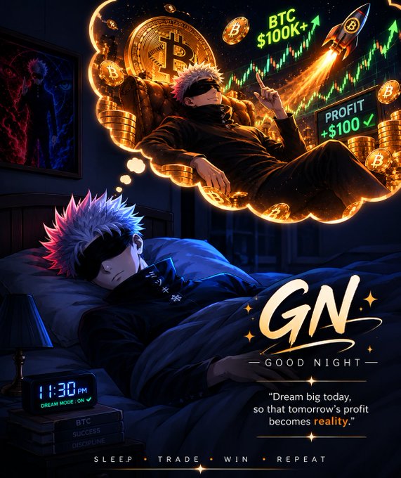 An anime-style illustration of a white-haired character sleeping in bed at 11:30 PM, dreaming of Bitcoin reaching $100K with a thought bubble showing coins, a rocket, and profit charts, with 'GN' (Good Night) text overlay.