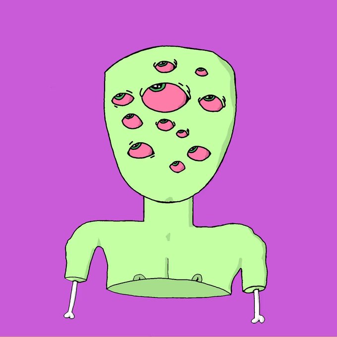 A cartoon-style illustration of a green humanoid figure with multiple pink eyes on its face, thin bone-like arms, and no legs, set against a purple background.