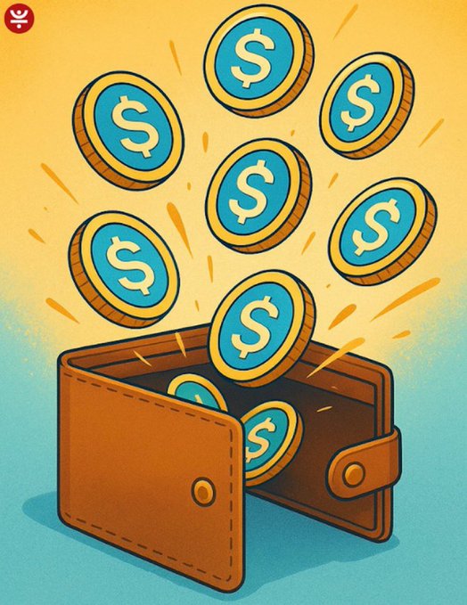 A cartoon illustration shows blue and gold dollar coins bursting out of an open orange wallet, symbolizing money being put to work. The image reinforces the post's message about active, value-generating capital by visually depicting funds flowing and multiplying rather than sitting idle, tying directly to the theme of earning yield through JustLendDAO's decentralized lending platform.