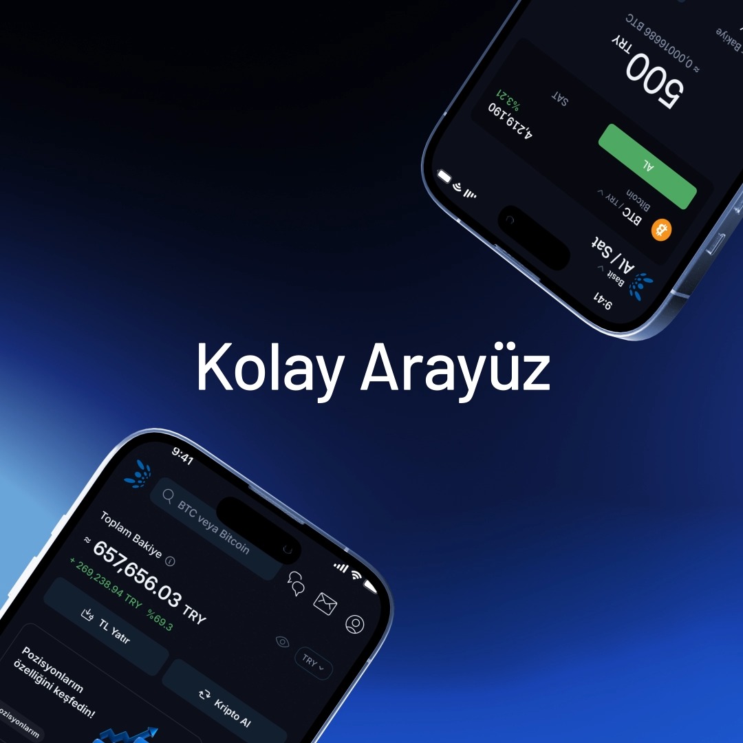 A promotional image for BtcTurk | Kripto featuring two iPhones displaying the app's interface, showcasing a total balance of ₺657,656.03 TRY and Bitcoin's value at 500 TRY (≈0.00016666 BTC), with the Turkish headline "Kolay Arayüz" (Easy Interface) highlighting the user-friendly design referenced in the review.