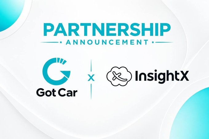 A partnership announcement graphic featuring the "PARTNERSHIP ANNOUNCEMENT" header, displaying the Got Car logo (a teal "G" with a speedometer-style design) alongside the InsightX logo (a cloud-like icon), visually representing the collaboration between Got Car and InsightX as described in the post.