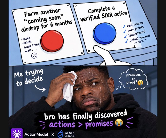 A two-panel cartoon contrasting a 'Farm another coming soon airdrop for 6 months' button with a 'Complete a verified SIXR action' button, captioned 'Me trying to decide' and 'bro has finally discovered actions > promises' with ActionModel and SIXR Cricket branding.