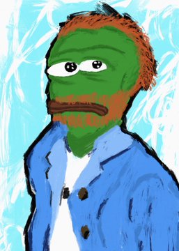 A crudely drawn cartoon depicts a green frog face with brown hair and a beard, wearing a blue jacket against a light blue background.