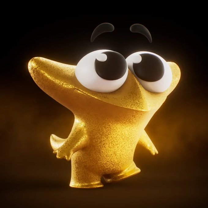 This image features a golden, animated creature with large eyes, likely representing a "Claynosaurz" from the cartoon now streaming on Amazon Prime Video, as mentioned in the accompanying post. The post also mentions the user's 46 Popkins Golden Diplox One NFTs and 3.2M shares in the company.
