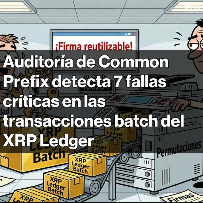 A Spanish-language cartoon illustration showing boxes labeled 'XRP Ledger Batch' on a conveyor belt, with text reading '¡Firma reutilizable!' and a headline about an audit detecting 7 critical flaws in batch transactions on the XRP Ledger.